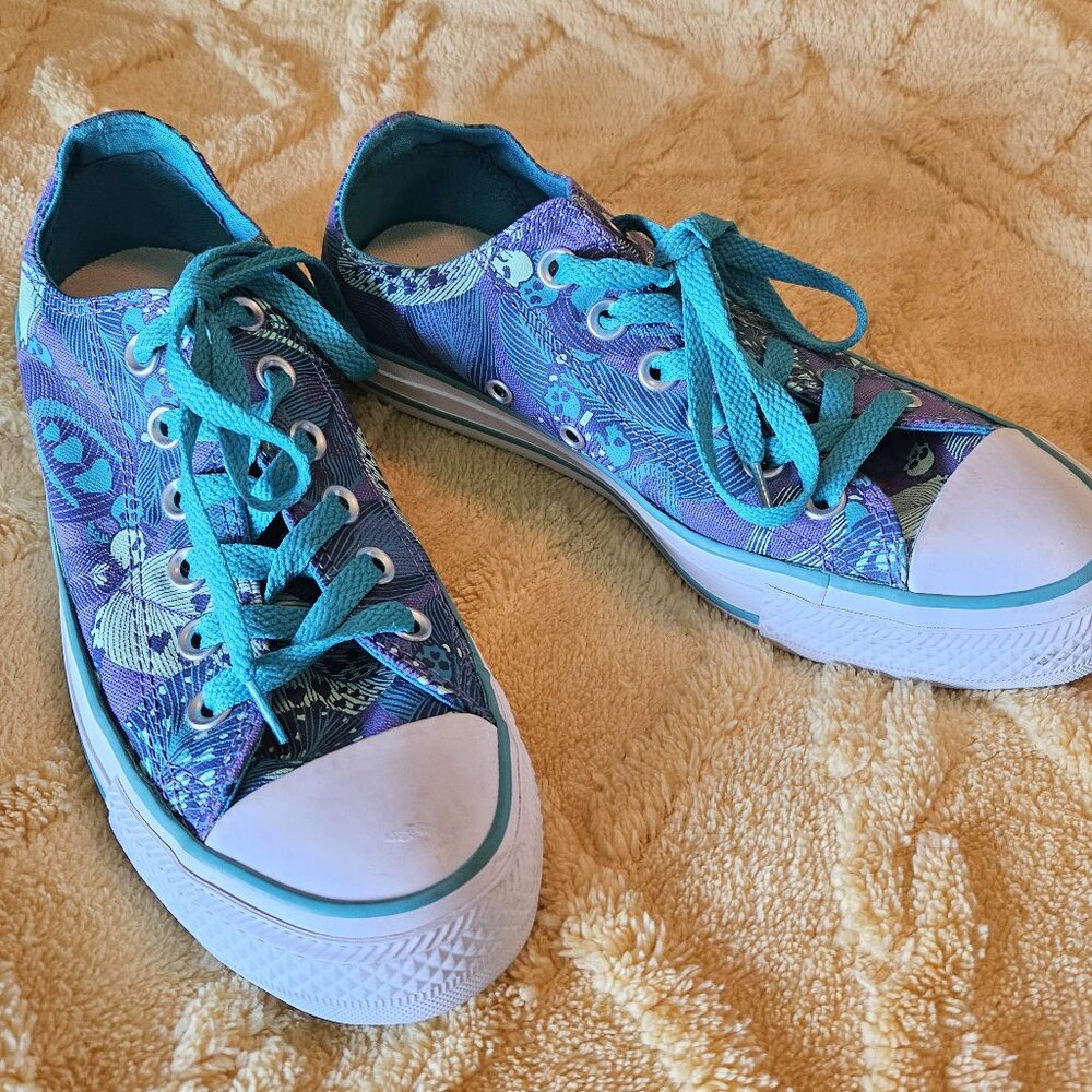 Women's Blue & Purple Tropical Skull Converse Low Top Shoes Canvas Sneakers Sz 7